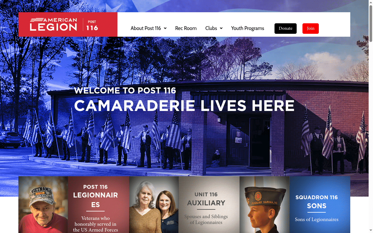 American Legion Post 116 website homepage in Fuquay-Varina, North Carolina