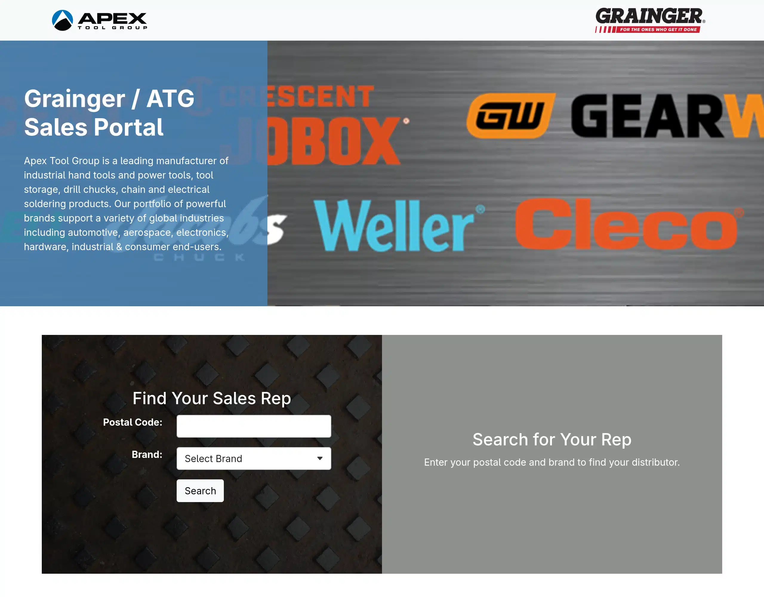 ATG Sales Portal distributor homepage with brand presentation and postal code sales representative lookup