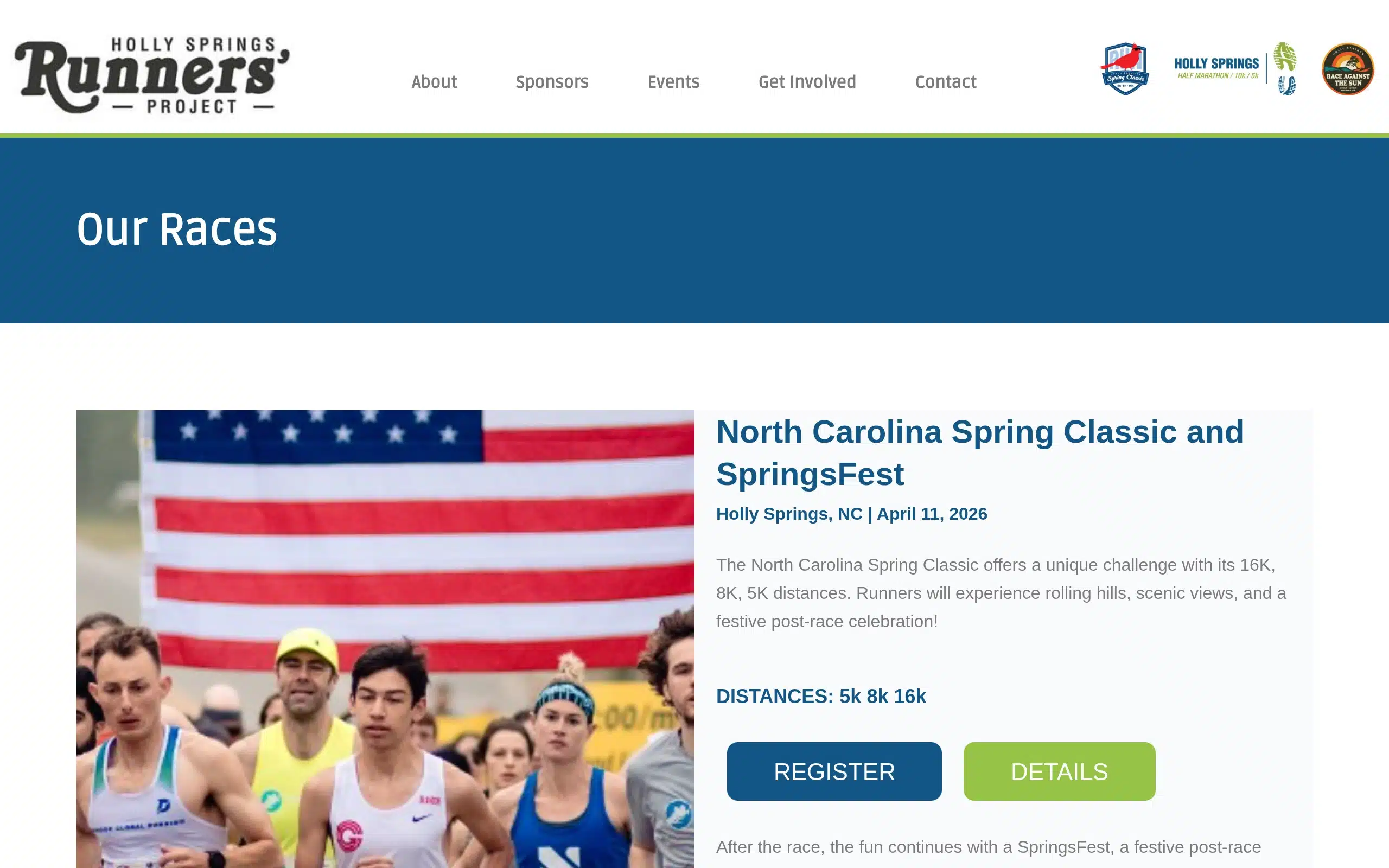 Holly Springs Runners Project website showing its race overview and event links