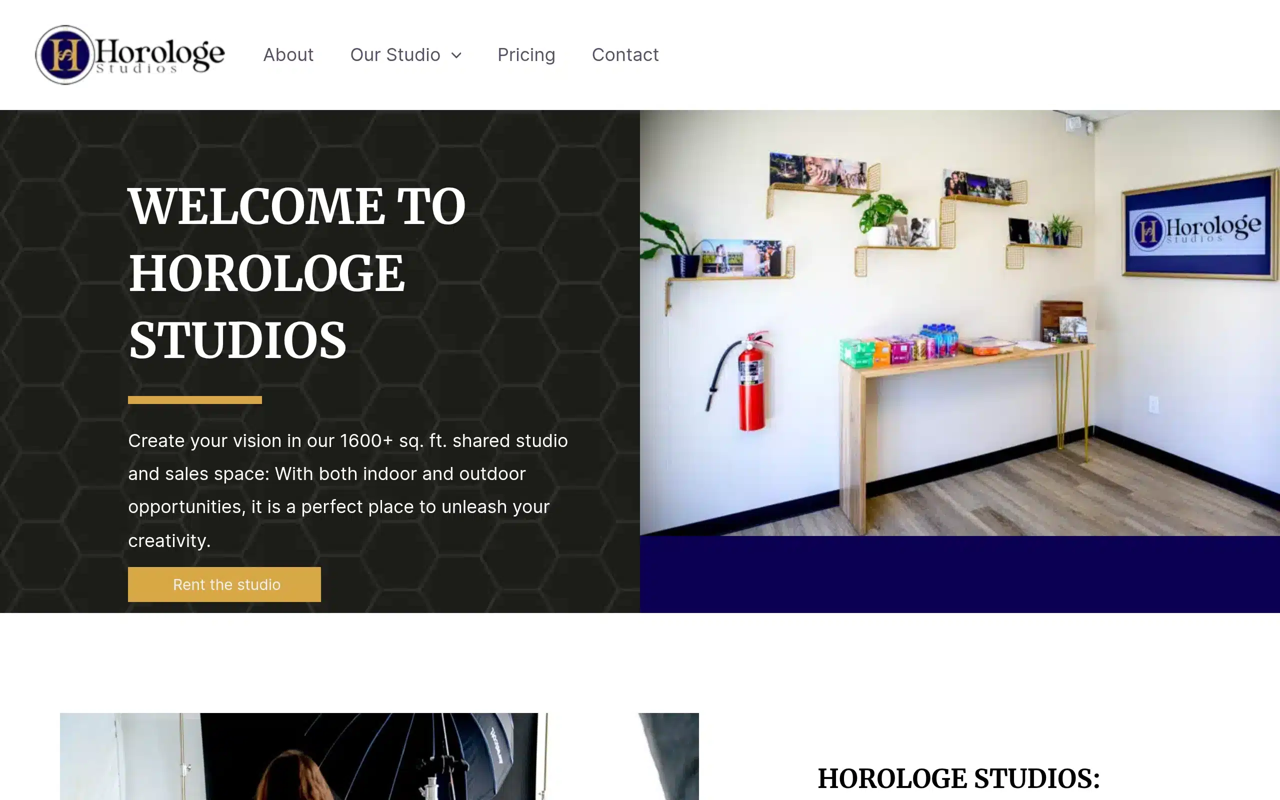 Horologe Studios informational website homepage showing its creative studio space