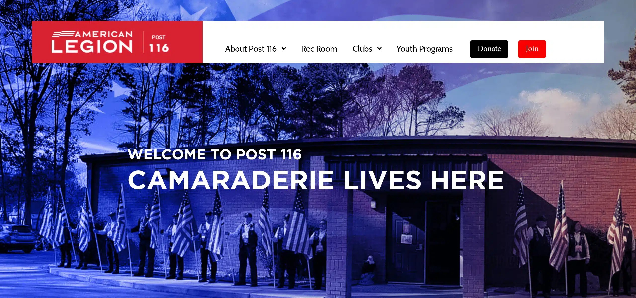 American Legion Post 116 website homepage in Fuquay-Varina, North Carolina