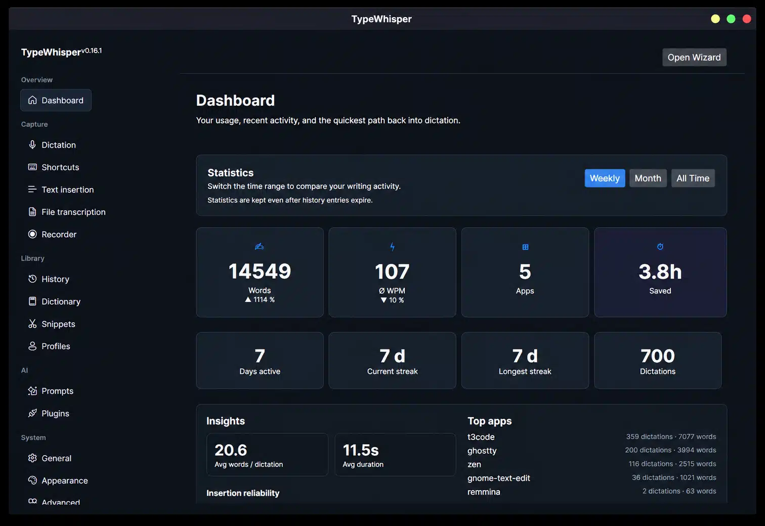 TypeWhisper for Linux dashboard with dictation, transcription, history, and profile controls