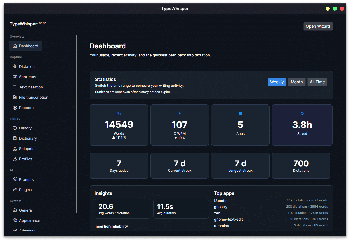 TypeWhisper for Linux dashboard with dictation, transcription, history, and profile controls