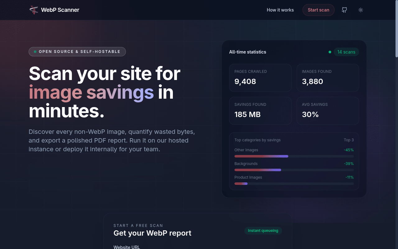 WebP Image Scanner hosted application with its website scan form