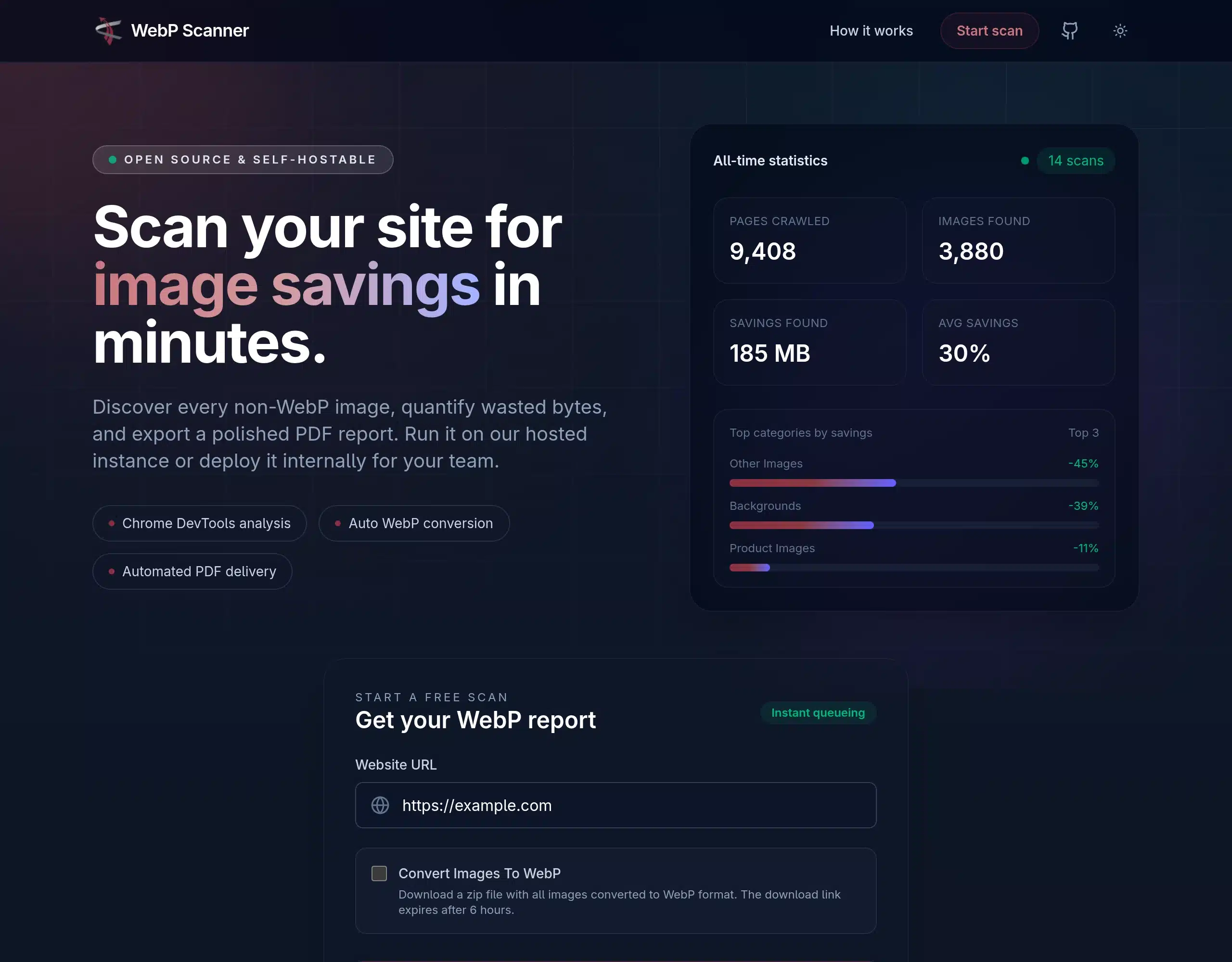 WebP Image Scanner hosted application with its website scan form